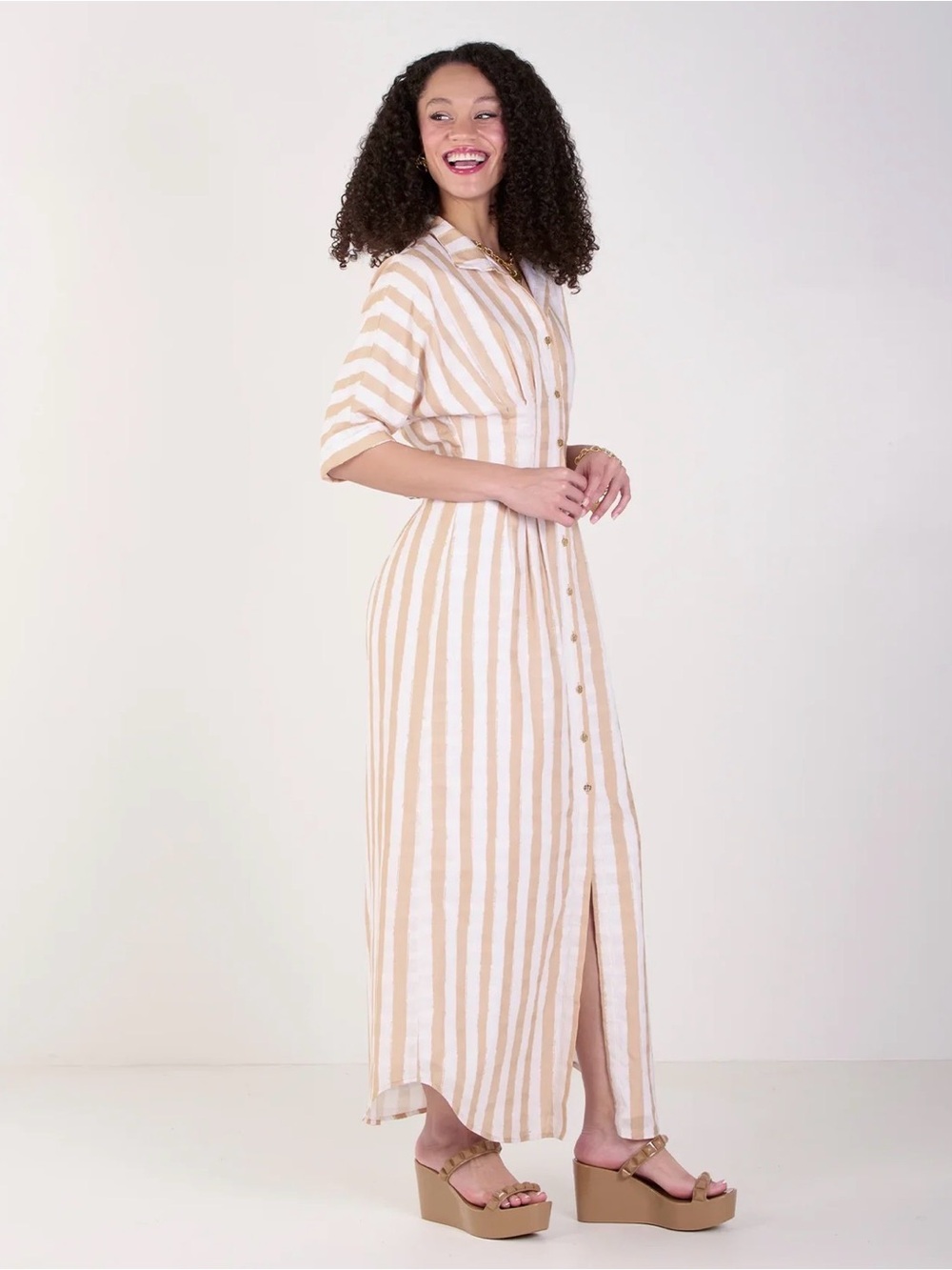 Emily McCarthy Tan and White Stripe Gold Button-Front Maxi Dress Size L